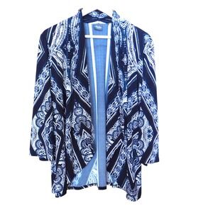 Chico's 3 Size XL Travelers Black Print Open Front 3/4 Tunic Cardigan Metallic